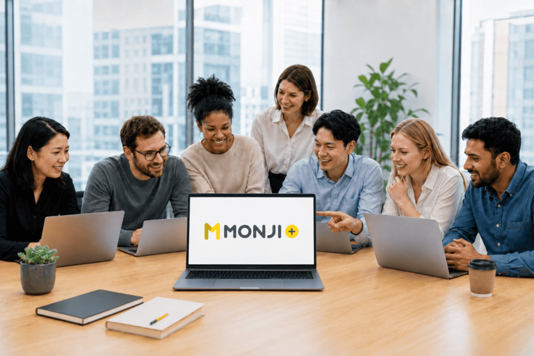 A web team operating with confidence and smiles, with information organized in MONJI+