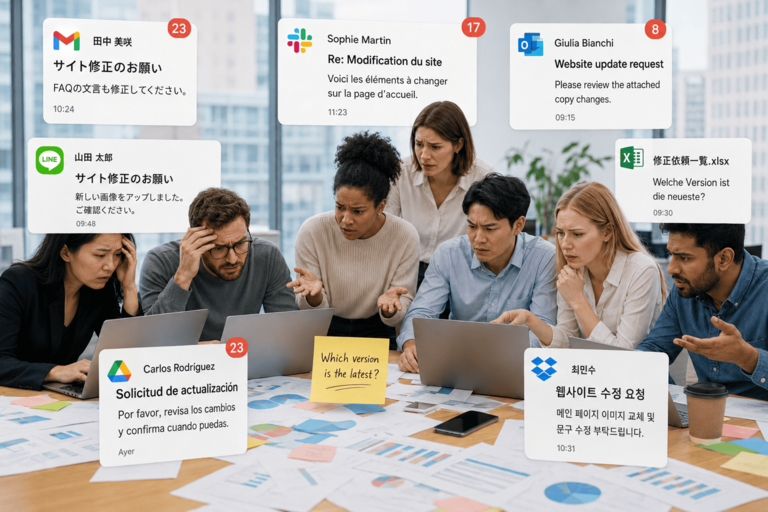 A WebOps team overwhelmed and confused by feedback scattered across email, chat tools, and languages