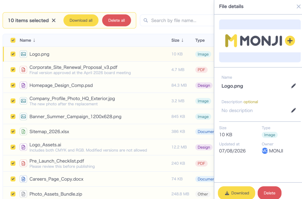 Preview and notes in the file detail panel