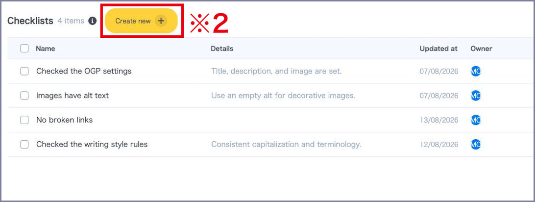 The checklist list and the Create new button