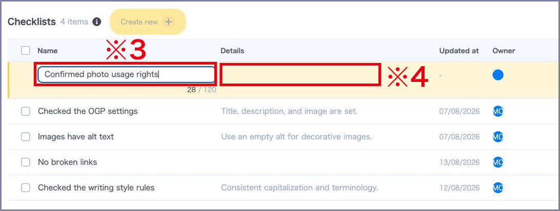 Typing the checklist item name in the new row added at the top of the list