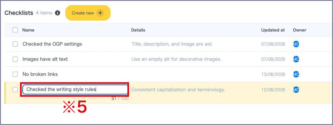 Clicking a name in the list to edit it in place