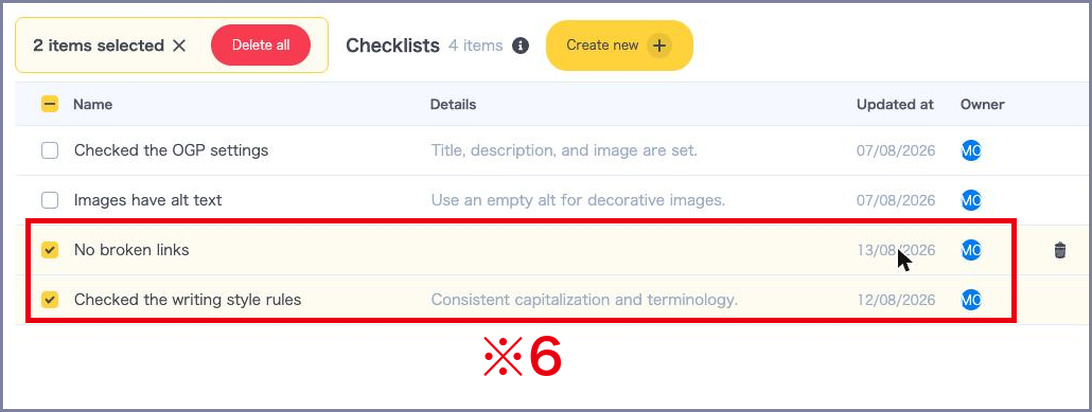Selecting checklist items and deleting them at once