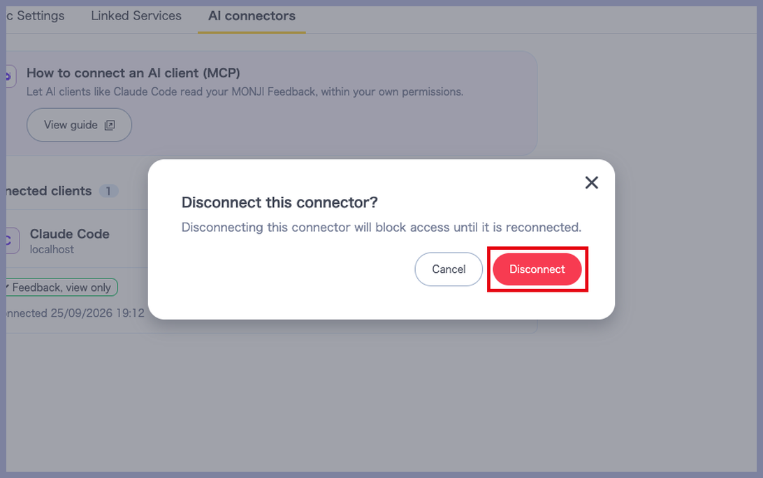 Confirmation screen for disconnecting an AI connector, showing the Disconnect button
