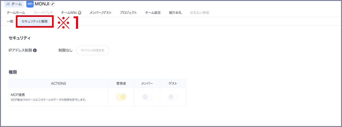 チーム設定のセキュリティと権限の画面で、タブと権限の表を示した画面