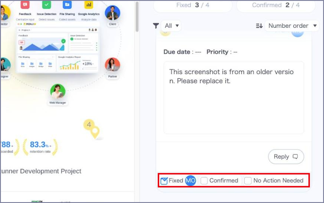 The Fixed, Confirmed, and No Action Needed buttons under a comment
