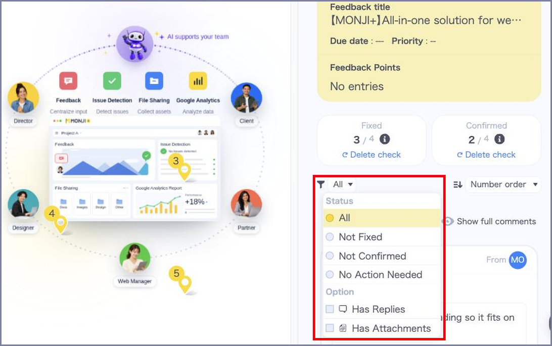 The comment filter opened, showing the Status and Option choices