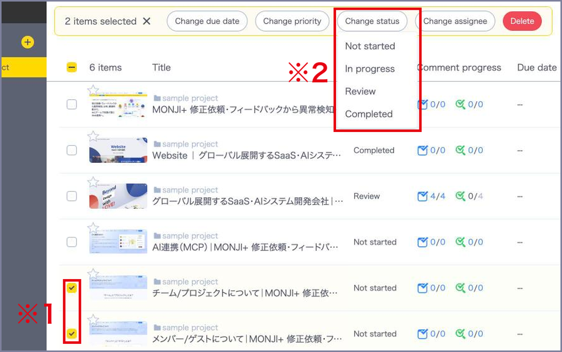 Two feedback items selected on the list, with the Change status choices opened