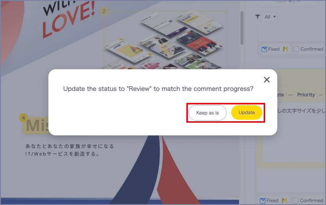 The message asking whether to update the status to Review, with the Keep as is and Update buttons