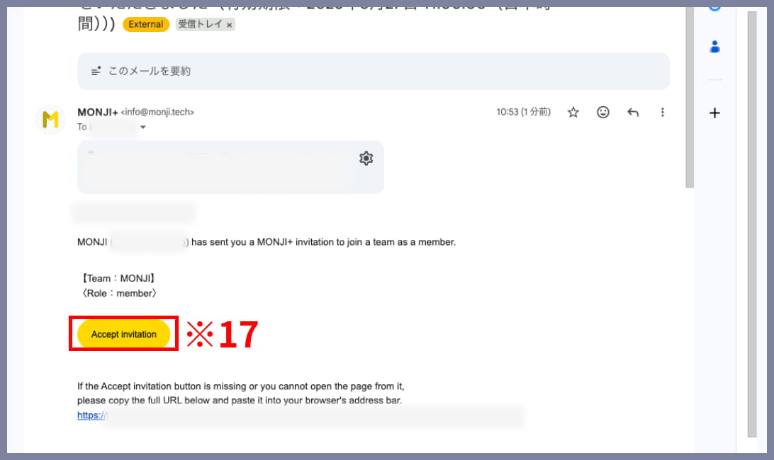 Invitation approval email screen in MONJI+
